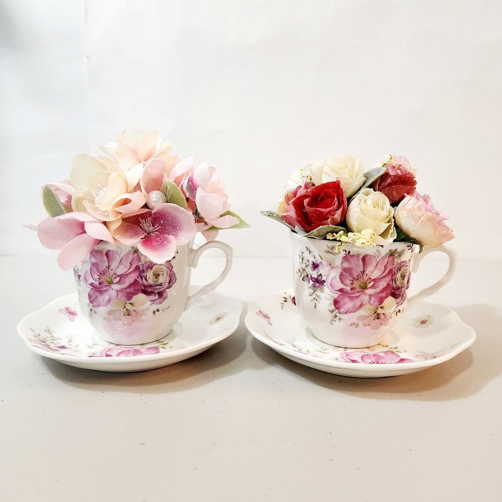 Teacups Full of Silk Flowers Magnolias or Roses